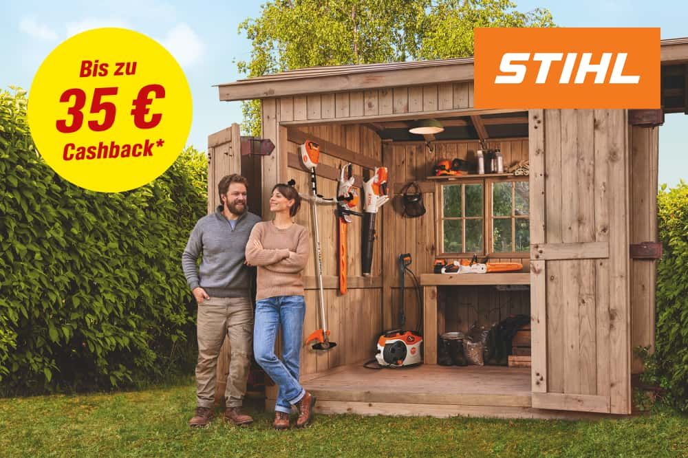 Zwei Personen vor einem Gartenhaus mit Gartengeräten von Stihl und einer Cashback Aktion von bis zu 35€.